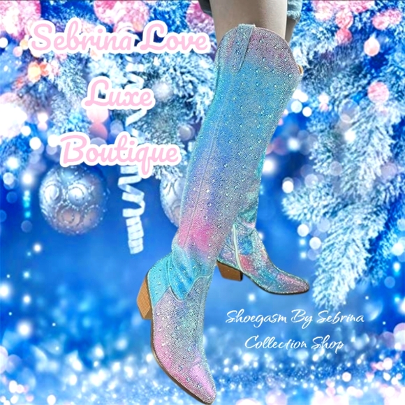 Pastel Rainbow Unicorn Rhinestone Crystal Over The Knee Boots - Picture 2 of 4